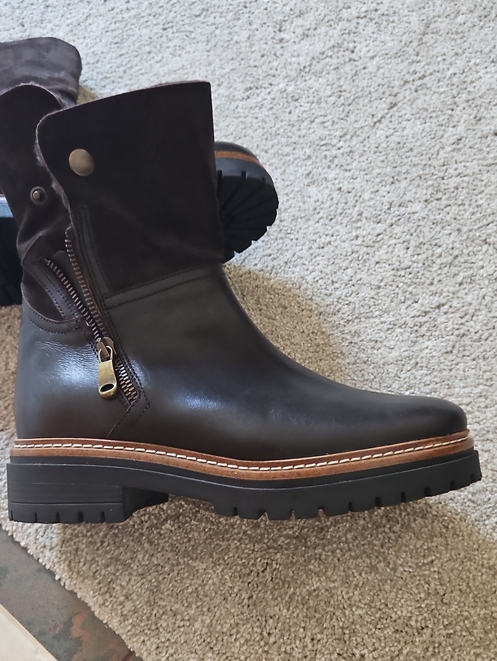 Women's Dark Brown Leather/Suede Zip-Detail Ankle Boot